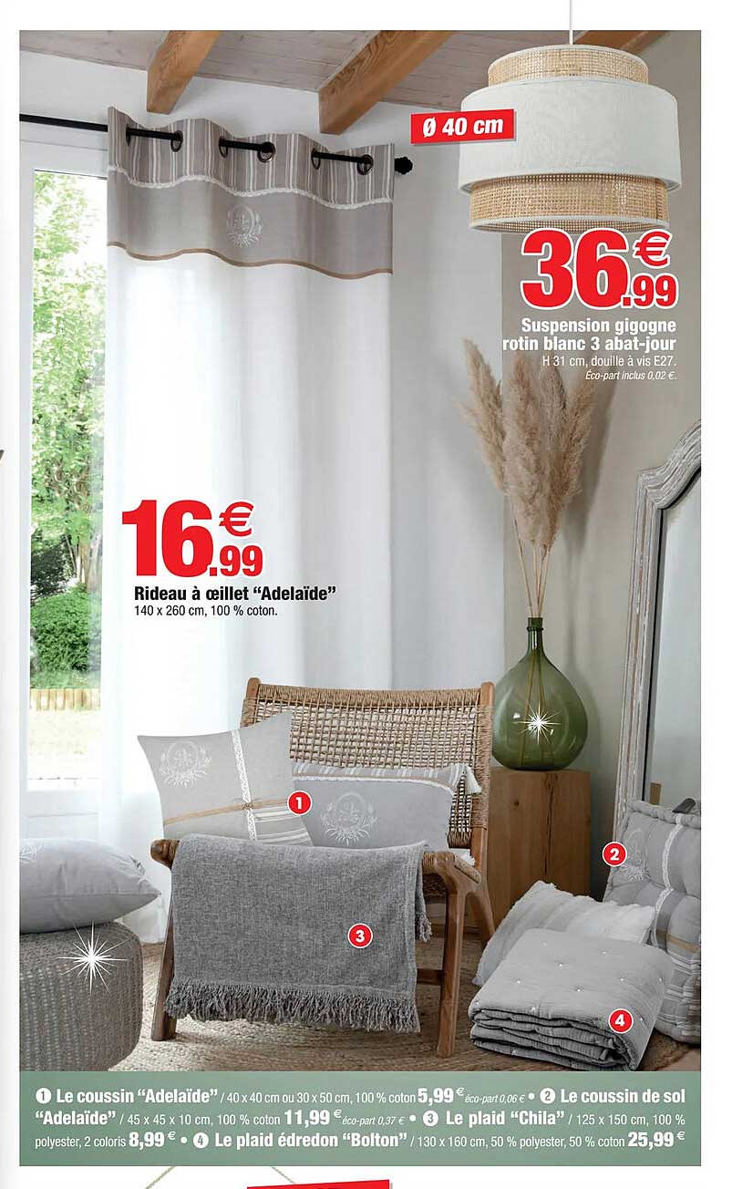 rideau à oeillet "adelaïde", suspension gigogne rotin blanc 3 abat-jour