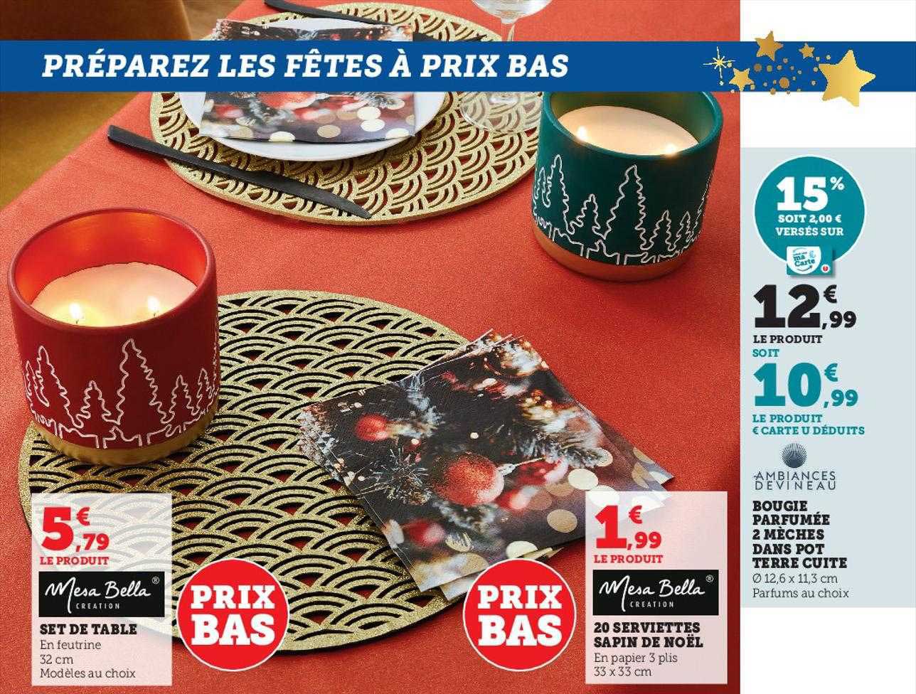 set de table mesa bella, 20 serviettes sapin de noël mesa bella, bougie parfumée 2 mèches dans pot terre cuite