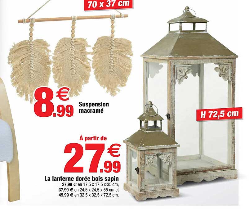 suspension macramé, la lanterne dorée bois sapin