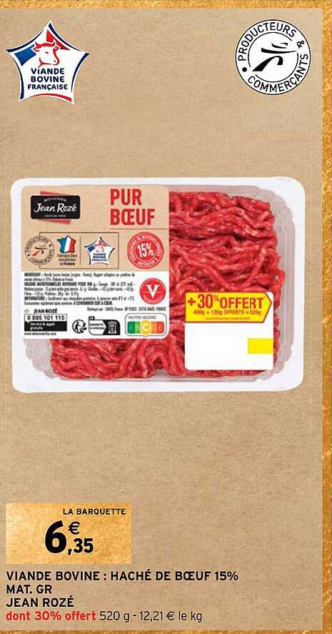 viande bovine : haché de bœuf 15% mat.gr. jean rozé