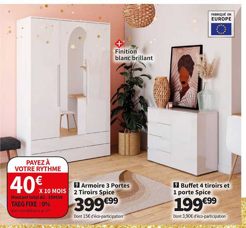 Armoire 3 Portes 2 Tiroirs Spice, Buffet 4 Tiroirs Et 1 Porte Spice