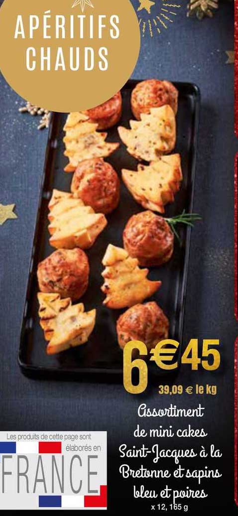 assortiment de mini cakes saint-jacques à la bretanne et sapins bleu et poires