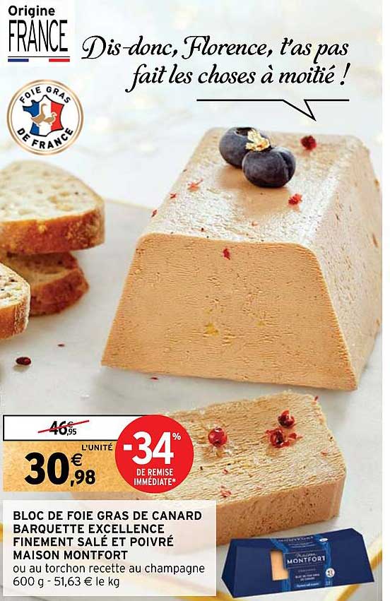 bloc de foie gras de canard barquette excellence finement salé et poivré maison montfort