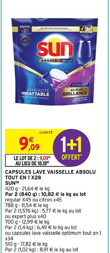capsules lave vaisselle absolu tout en 1 x 28 sun