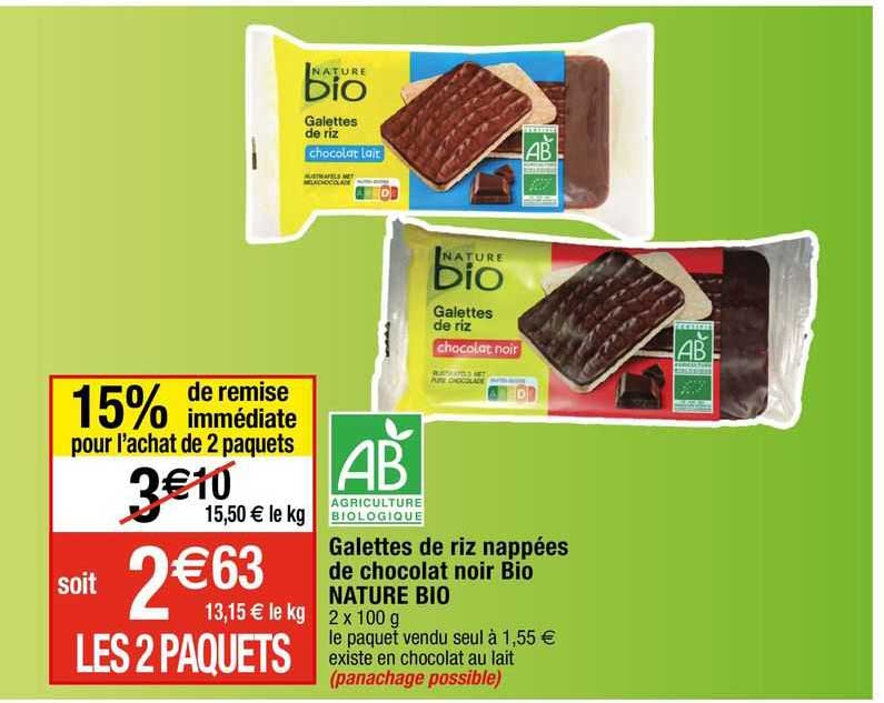 galettes de riz nappés de chocolat noir bio nature bio 15% de remise immédiate pour l'achat de 2 paquets