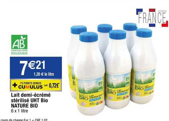 lait demi-écrémé stérilisé uht bio nature bio