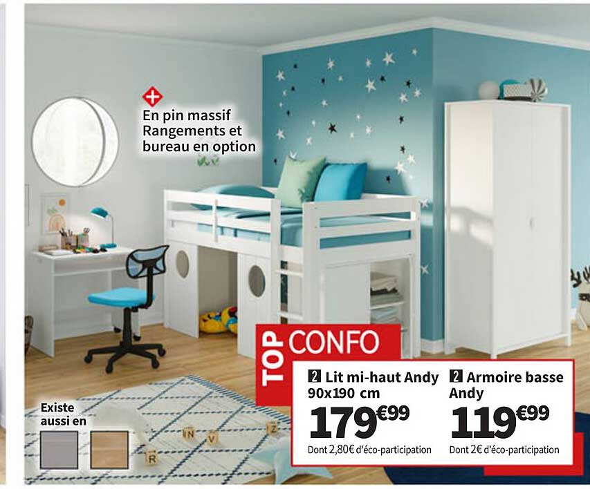 lit mi-haut andy 90 x 190 cm, armorie basse andy