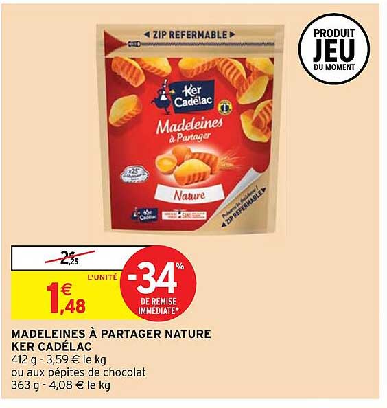 madeleines à  partager nature ker cadélac -34% de remise immédiate