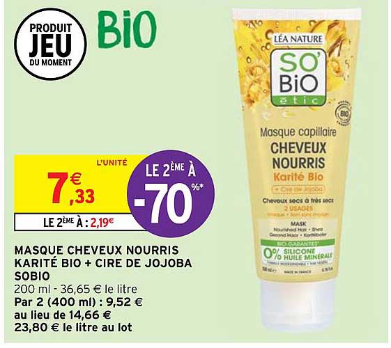 masque cheveux nourris karité bio + cire de jojoba sobio
