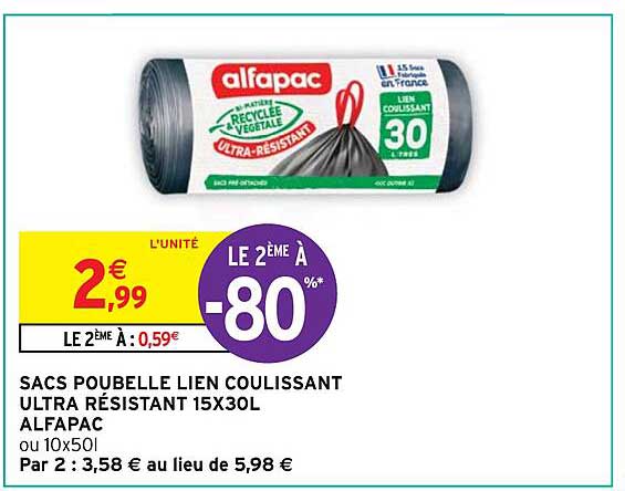 sacs poubelle lien coulissant ultra résistant 15 x 30 l alfapac