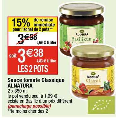 sauce de tomate classique alnatura 15% de remise immédiate pour l'achat de 2 pots