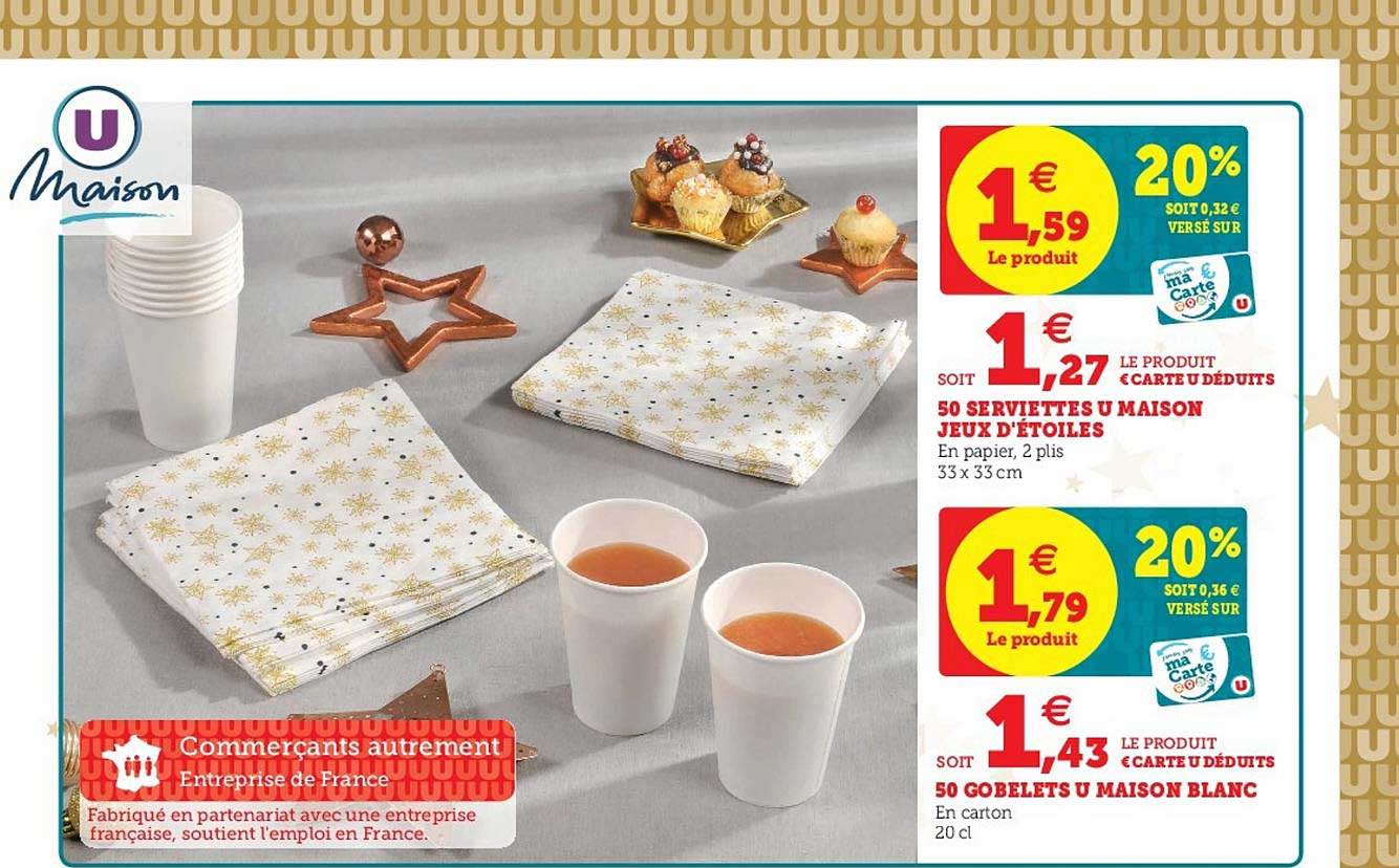 50 serviettes u maison jeux d'étoiles, 50 gobelets u maison blanc