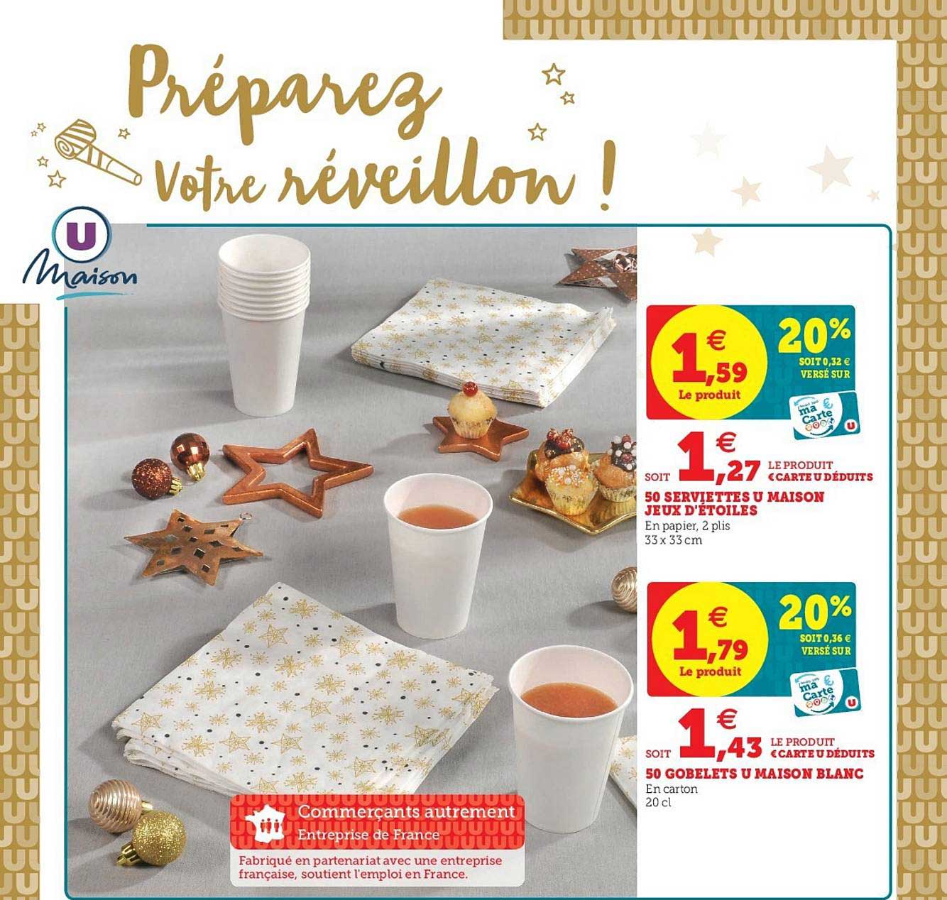 50 serviettes u maison jeux d'étoiles 50 gobelets u maison blanc