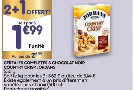 céréales complètes & chocolat noir country crisp jordans 2+1 offert