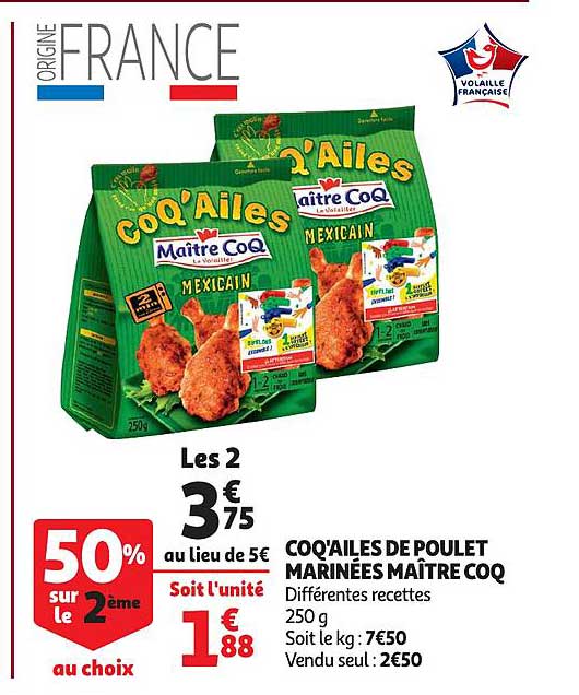 Coq'ailes De Poulet Marinées Maître Coq 50% Sur Le 2ème Au Choix
