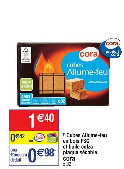 cubes allume-feu en bois fsc et huile colza plaque sécable cora