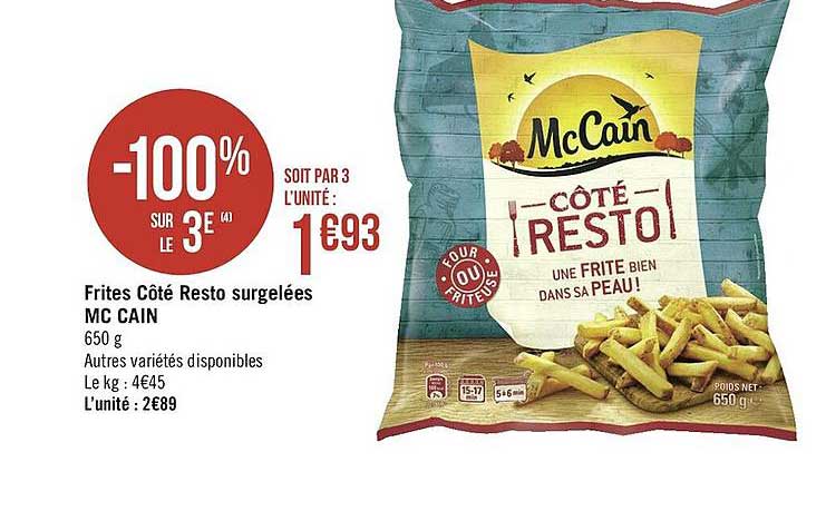 frites côté resto surgelées mc cain -100% sur le 3è