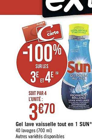 Gel Lave Vaisselle Tout En 1 Sun -100% Sur Les 3è Et 4è