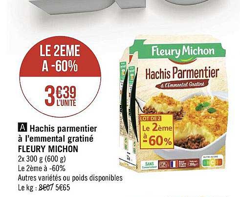 hachis parmentier à l'emmental gratiné fleury michon le 2ème à -60%