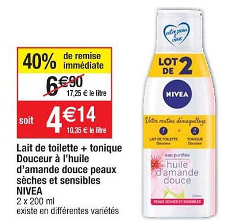 lait de toilette + tonique douceur à l'huile d'amande douce peaux sèches et sensibles nivea