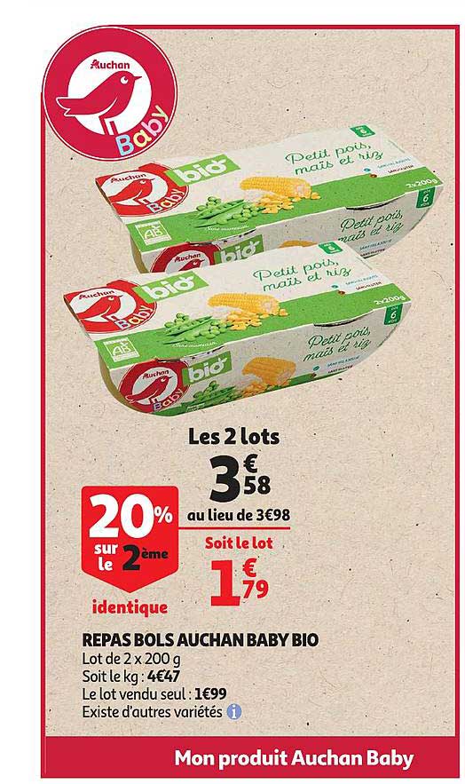 repas bols auchan baby bio 20% sur le 2ème identique