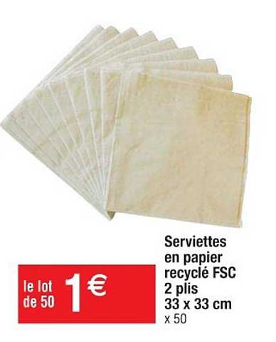 serviettes en papier recyclé fsc 2 plis 33 x 33 cm