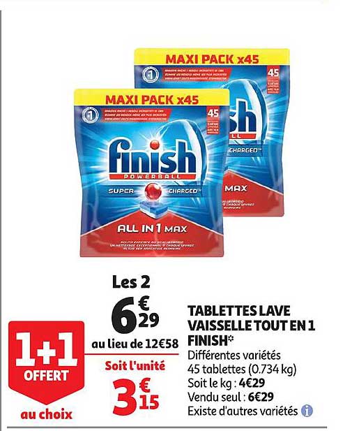 tablettes lave vaisselle tout en 1 finish 1+1 offert au choix