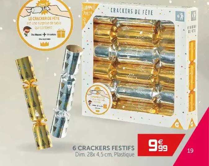 6 crackers festifs dim. 28x4.5 cm plastique