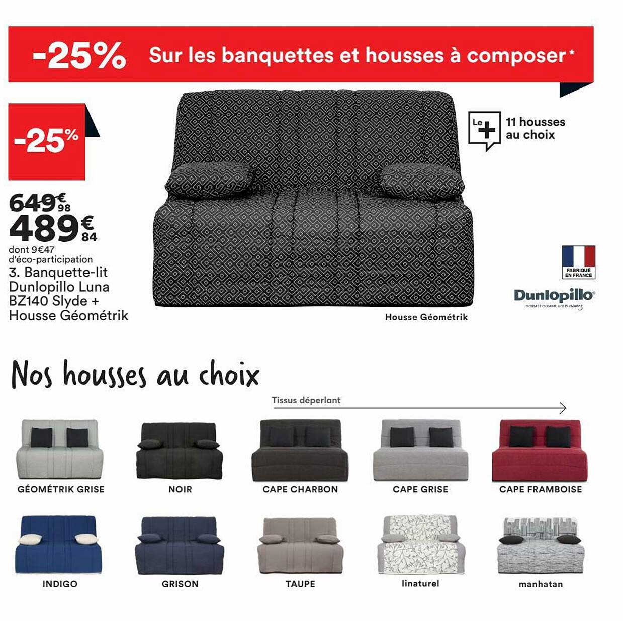 banquette-lit dunlopillo luna bz140 slyde + housse géométrik