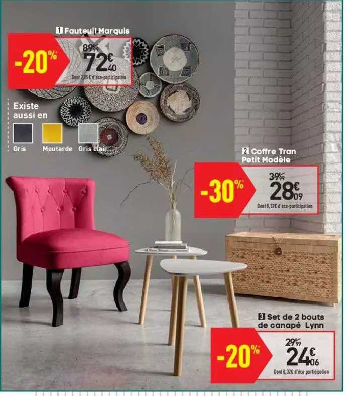 fauteuil marquis, coffre tran petit modèle, set de 2 bouts de canapé lynn