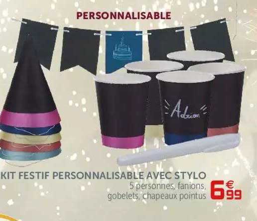 kit festif personnalisable avec stylo 5 personnes fanions gobelets chapeaux pointus