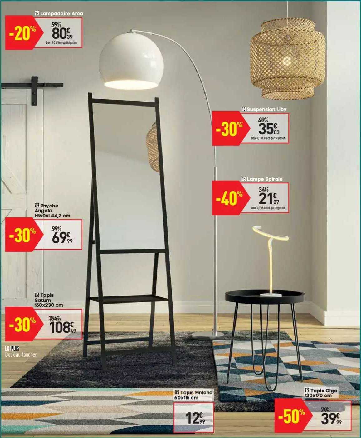 lampadaire arco, suspension liby, lampe spirale, phyche angela 160 x 44,2 cm, tapis saturne 160 x 230 cm, tapis finland 60 x 115 cm, tapis olga 120 x 170 cm