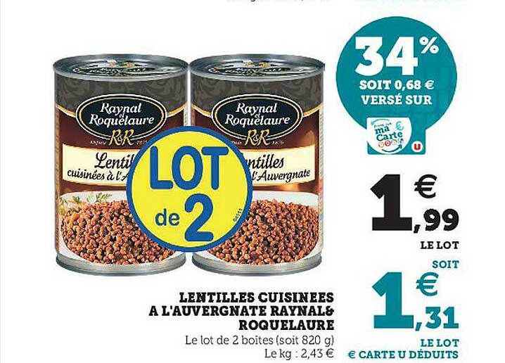 Lentilles Cuisinées à L'auvergnate Raynal & Roquelaure