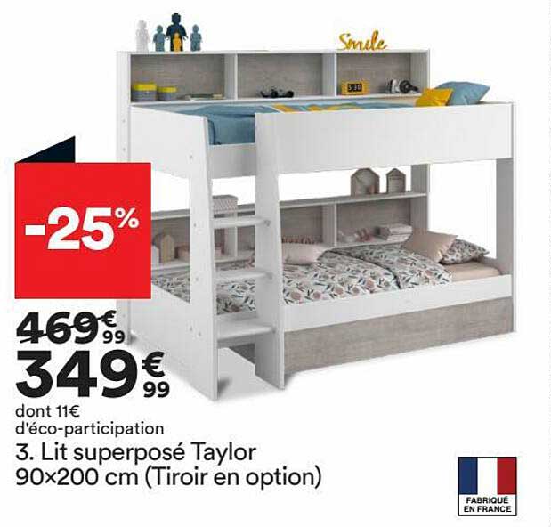 lit supersposé taylor 90x200 cm tiroir en option