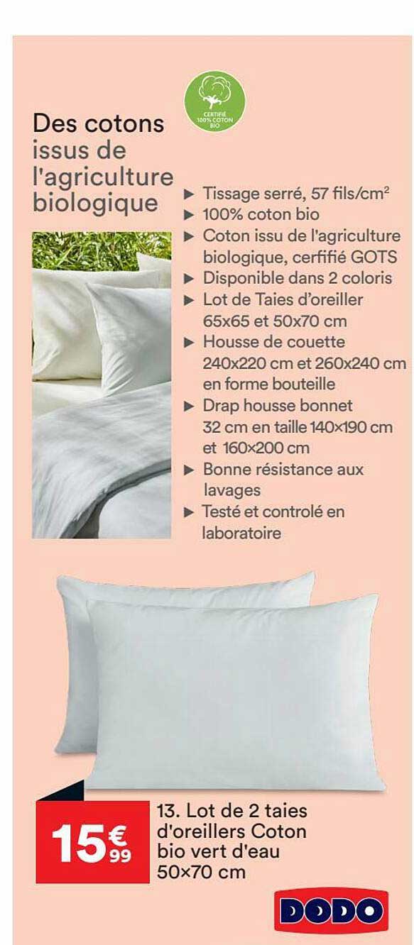 lot de 2 taies d'oreillers coton bio vert d'eau 50x70 cm dodo