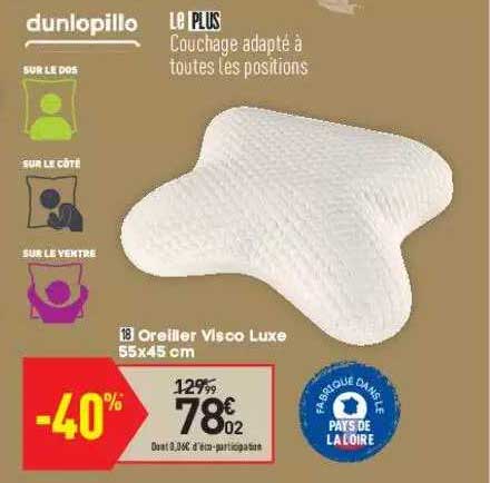 oreiller visco luxe 55 x 45 cm dunlopillo