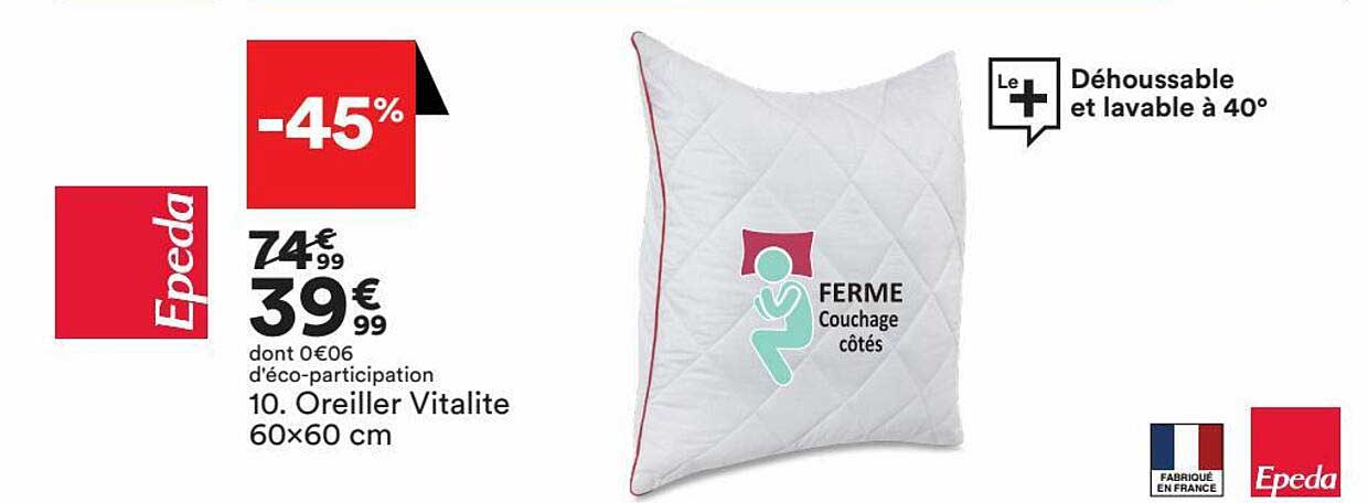 oreiller vitalite 60x60 cm epeda