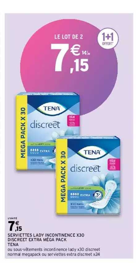 serviettes lady incontinence x30 discreet extra méga pack tena
