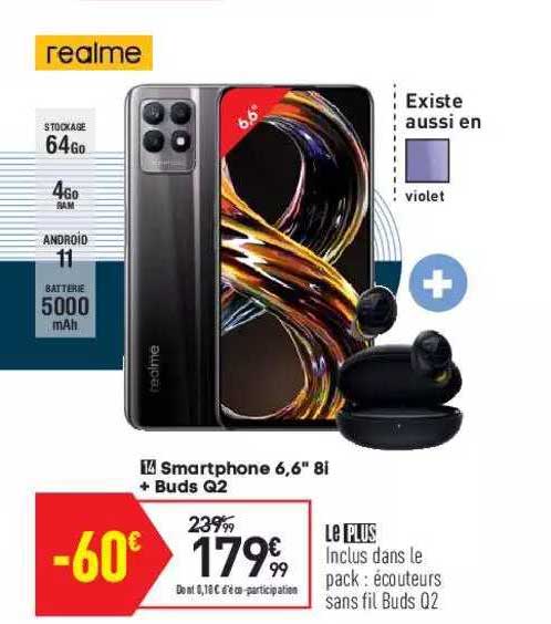 smartphone 6,6" 8i + buds q2 realme