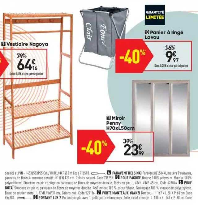 vestiaire noagoya, miroir penny h.70 x l50 cm, panier à linge lavou