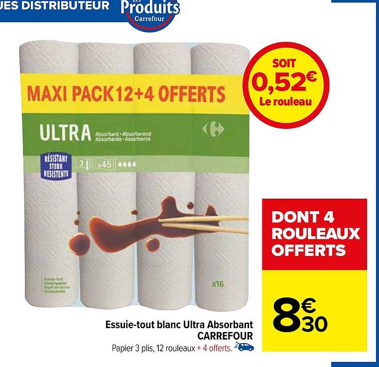 essuie-tout blanc ultra absorbant carrefour