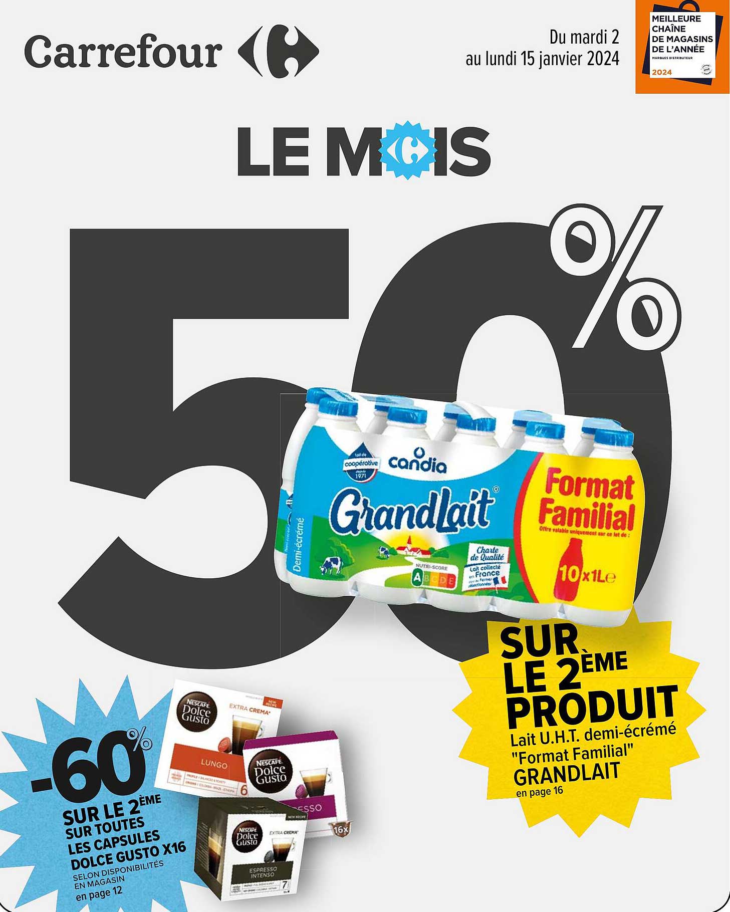 les capsules dolce gusto x 16, lait u.h.t. demi-écrémé "format familial" grand lait