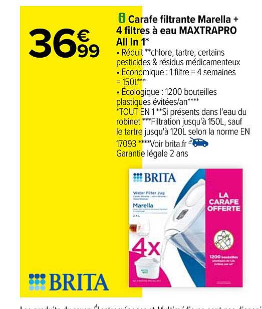 carafe filtrante marella + 4 filtres à eau maxtra pro all in 1 brita