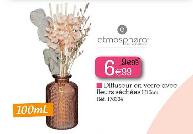 diffuseur en verre avec fleurs séchées h10 cm atmosphera