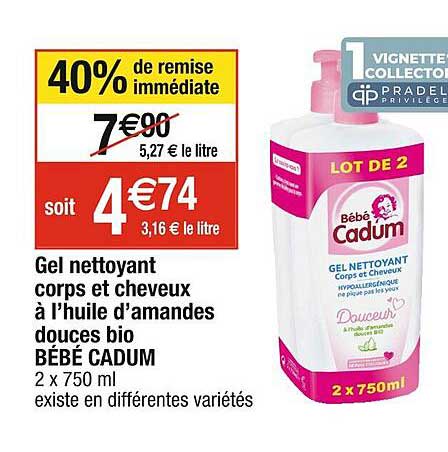gel nettoyant corps et cheveux à l'huile d'amandes douces bio bébé cadum