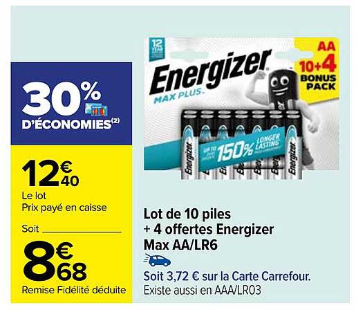 lot de 10 piles + 4 offertes energizer max aa/lr6