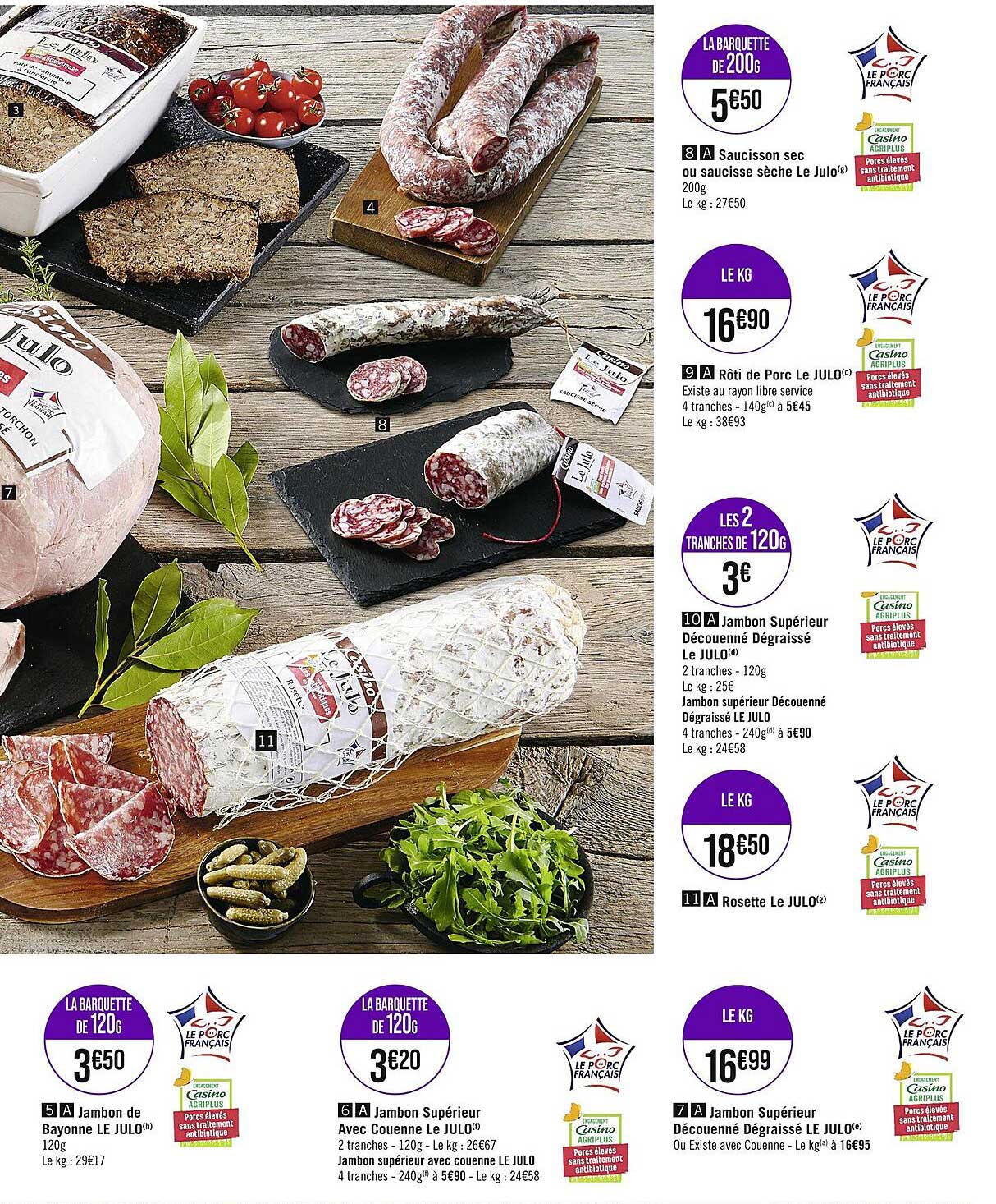 Saucisson Sec Ou Saucisse Sèche Le Julo, Rôti De Porc Le Julo, Jambon Supérieur Découenné Dégraissé Le Julo, Rosette Le Julo, Jambon Supérieur Découenné Dégraissé Le Julo, Jambon Supérieur