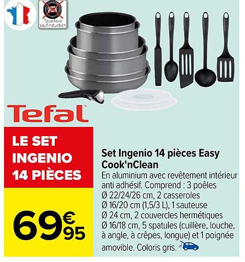 set ingenio 14 pièces easy cook'n clean tefal