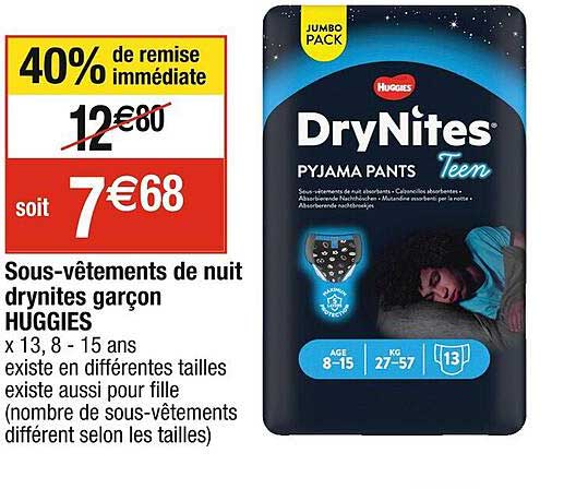 sous-vêtements de nuit drynites garçon huggies