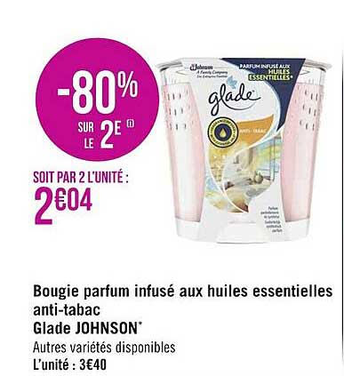 bougie parfum infusé aux huiles essentielles anti-tabac glade johnson